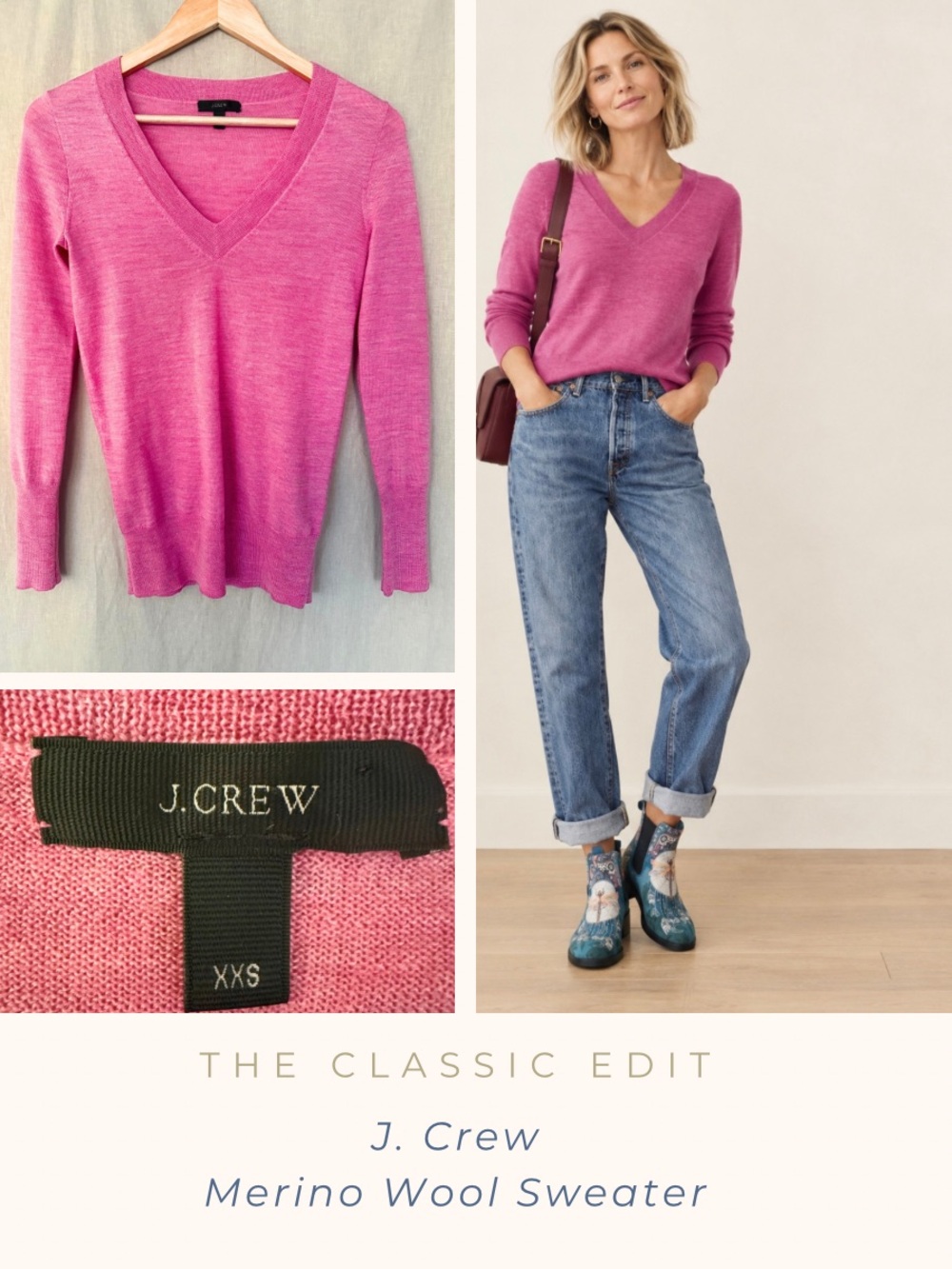 J. Crew V-Neck Merino Wool Sweater in Beautiful Thulian Pink